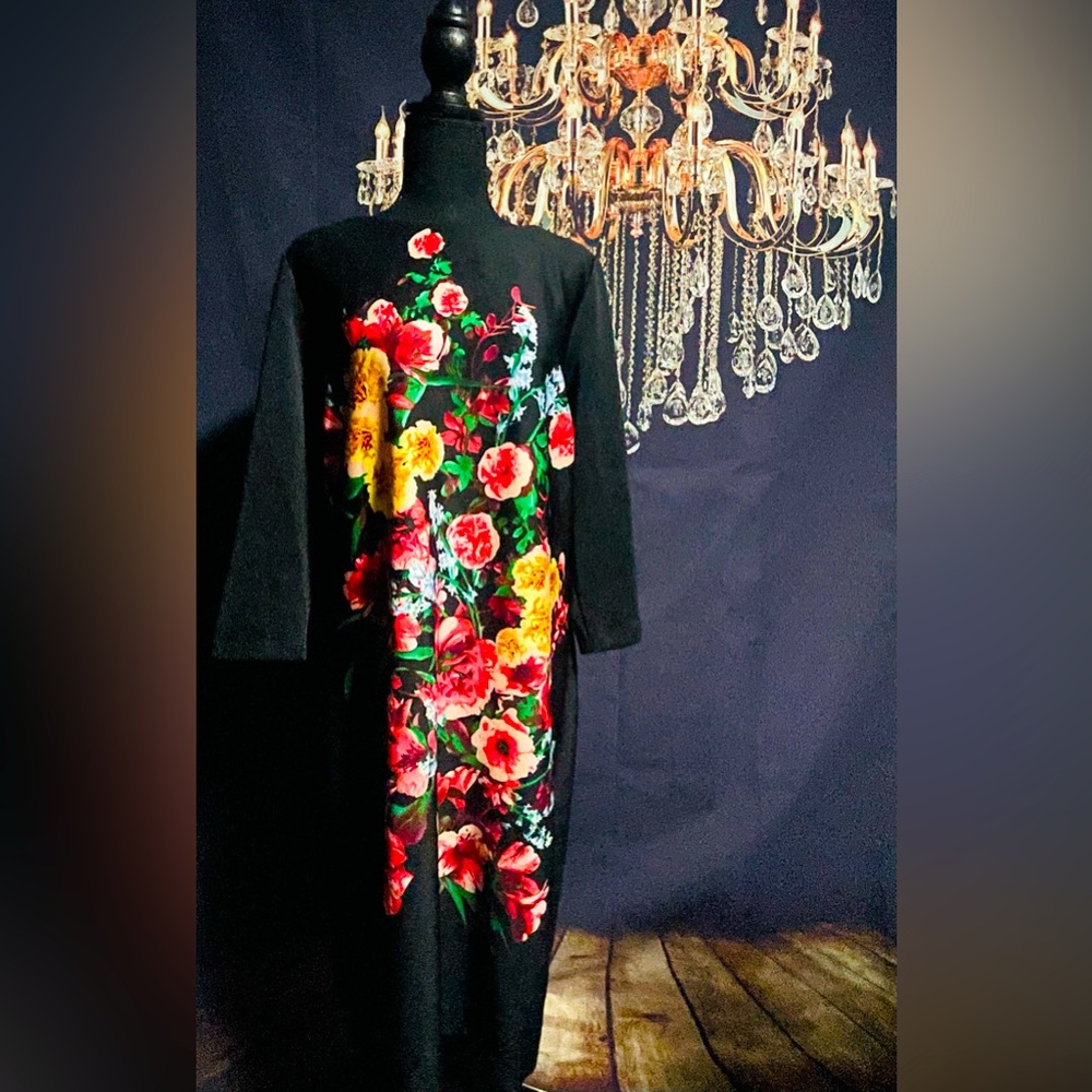 Black floral bodycon dress, 95% polyester, 5% spandex